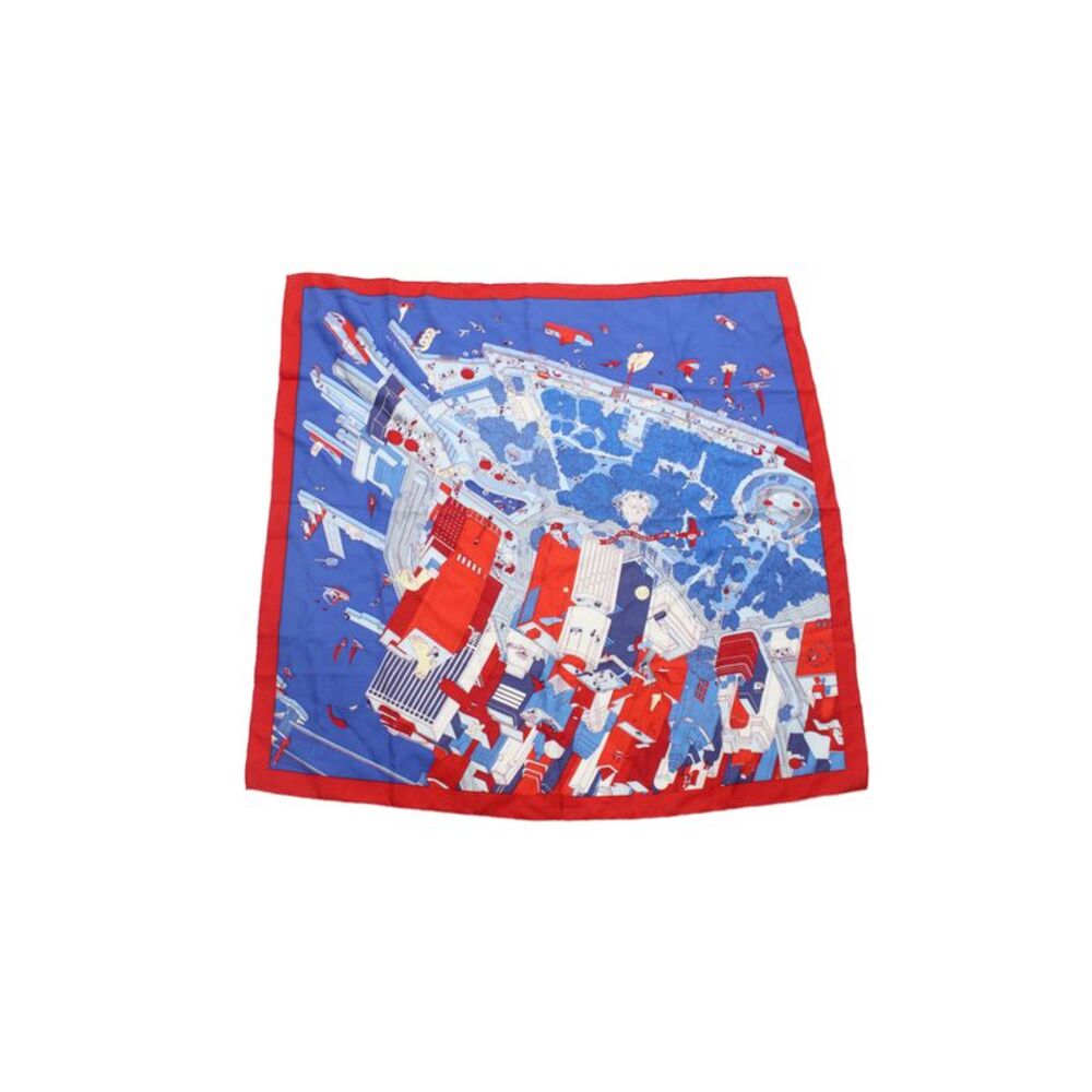 Hermes Womens Silk The Battery New York Scarf Red Blue White 35.4 x 35.4 in.